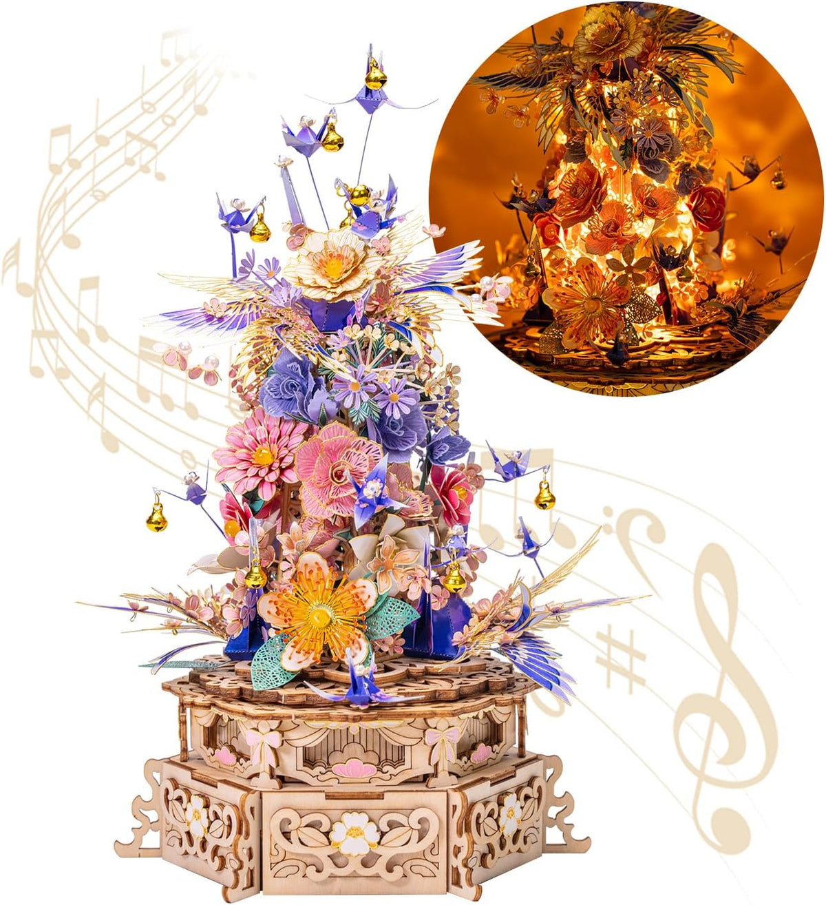 MU 3D Metal Puzzles for Adults Feast of Flower, 3D Wooden Puzzles Metal Model Kit Building Wood Flowers Kits DIY Craft Set with Music Box Lighting, Birthday Hobby Gift Home Desk Decor