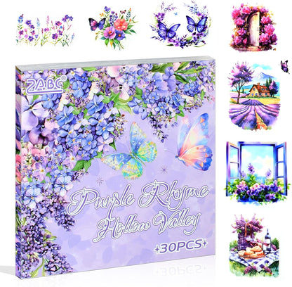 30 Sheets Precut Purple Garden Landscape Stickers Book for Junk Journal Supplies, Transparent PET Stickers for Journaling, Scrapbooking, Bujo, Collage, Card Making