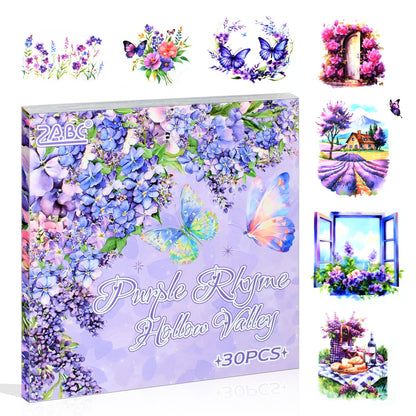 30 Sheets Precut Purple Garden Landscape Stickers Book for Junk Journal Supplies, Transparent PET Stickers for Journaling, Scrapbooking, Bujo, Collage, Card Making
