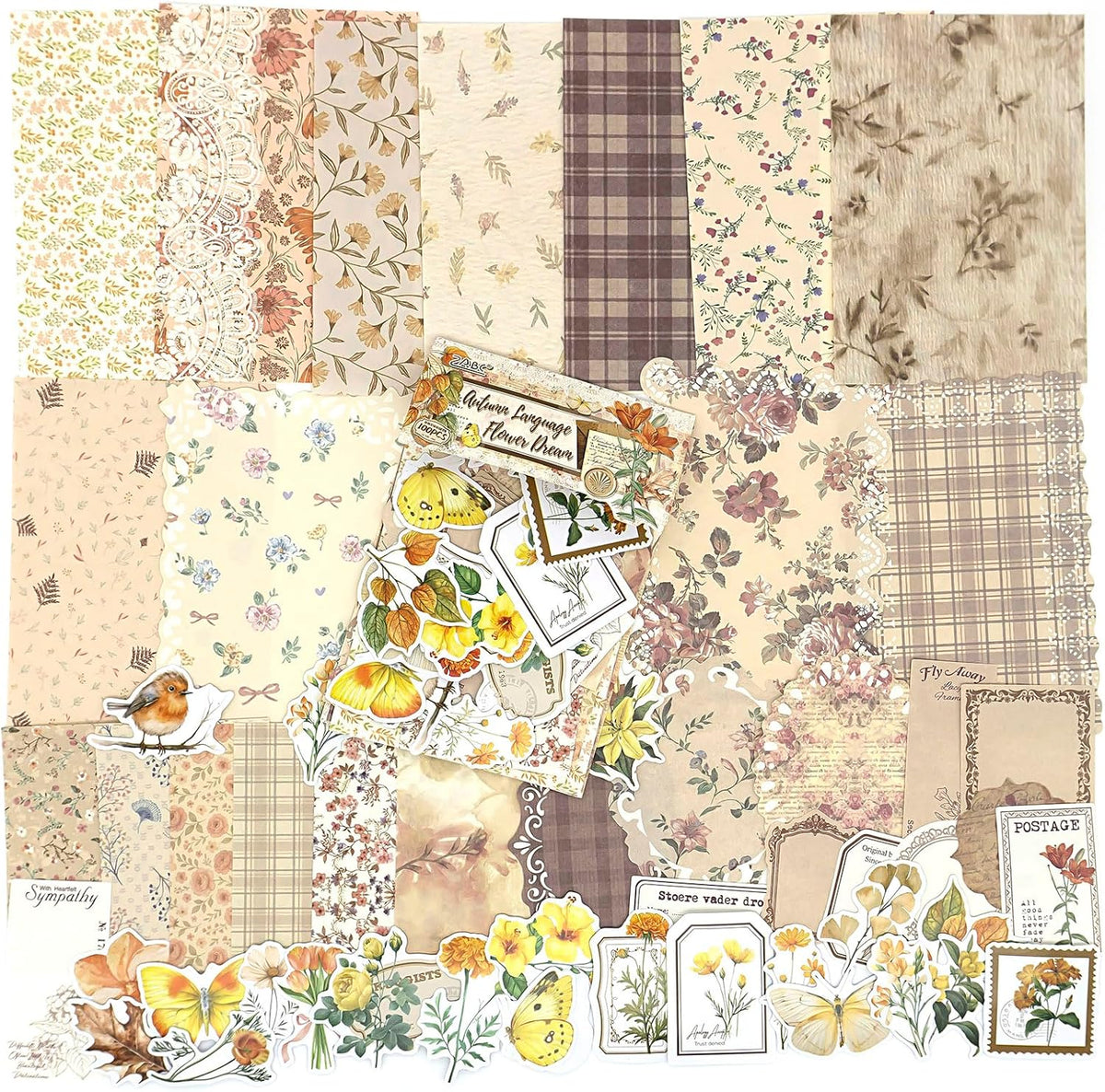 OKUPAN Scrapbook Supplies Kit – 100Pcs Vintage Floral Scrapbook Paper & Junk Journal Stickers, Journaling Supplies for Bullet Journaling, Retro Crafts, Mixed Media, Planner, Collage Card Album(Yellow)