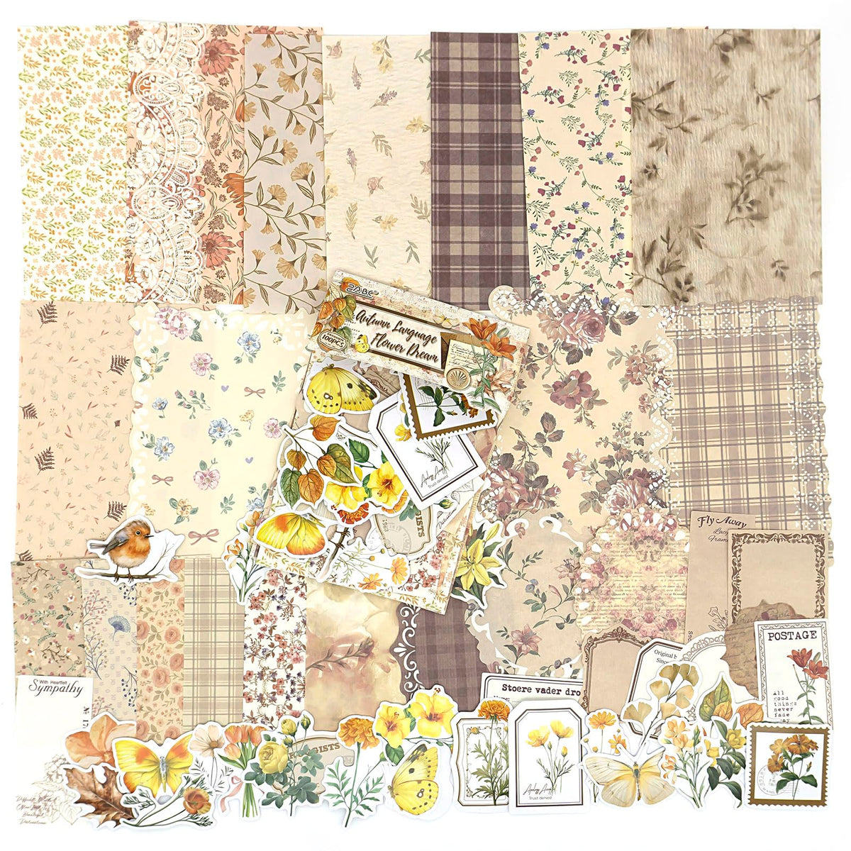 OKUPAN Scrapbook Supplies Kit – 100Pcs Vintage Floral Scrapbook Paper & Junk Journal Stickers, Journaling Supplies for Bullet Journaling, Retro Crafts, Mixed Media, Planner, Collage Card Album(Yellow)