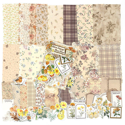 OKUPAN Scrapbook Supplies Kit – 100Pcs Vintage Floral Scrapbook Paper & Junk Journal Stickers, Journaling Supplies for Bullet Journaling, Retro Crafts, Mixed Media, Planner, Collage Card Album(Yellow)