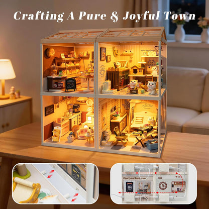 Bread Shop Miniature House Kit with LED Light, 87 Pcs DIY Mini Dollhouse with Roof & Dust Covers for Mini Figures Tiny House Toy for Adults