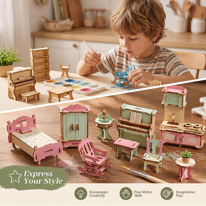 LOVEINUSA 34PCS Wooden Dollhouse Furniture Set, 1:20 Scale