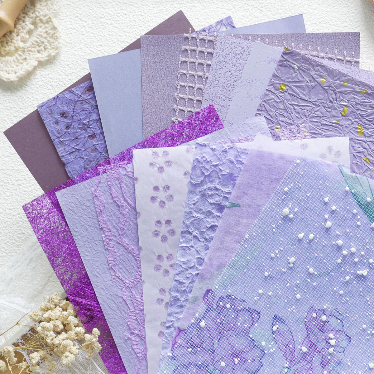 20 Pcs Handmade A5 Textured Scrapbook Paper&Mesh, Junk Journal Supplies