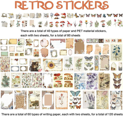 Retro Scrapbook Supplies Kit, 200 Mixed Natural Color Paper and Stickers