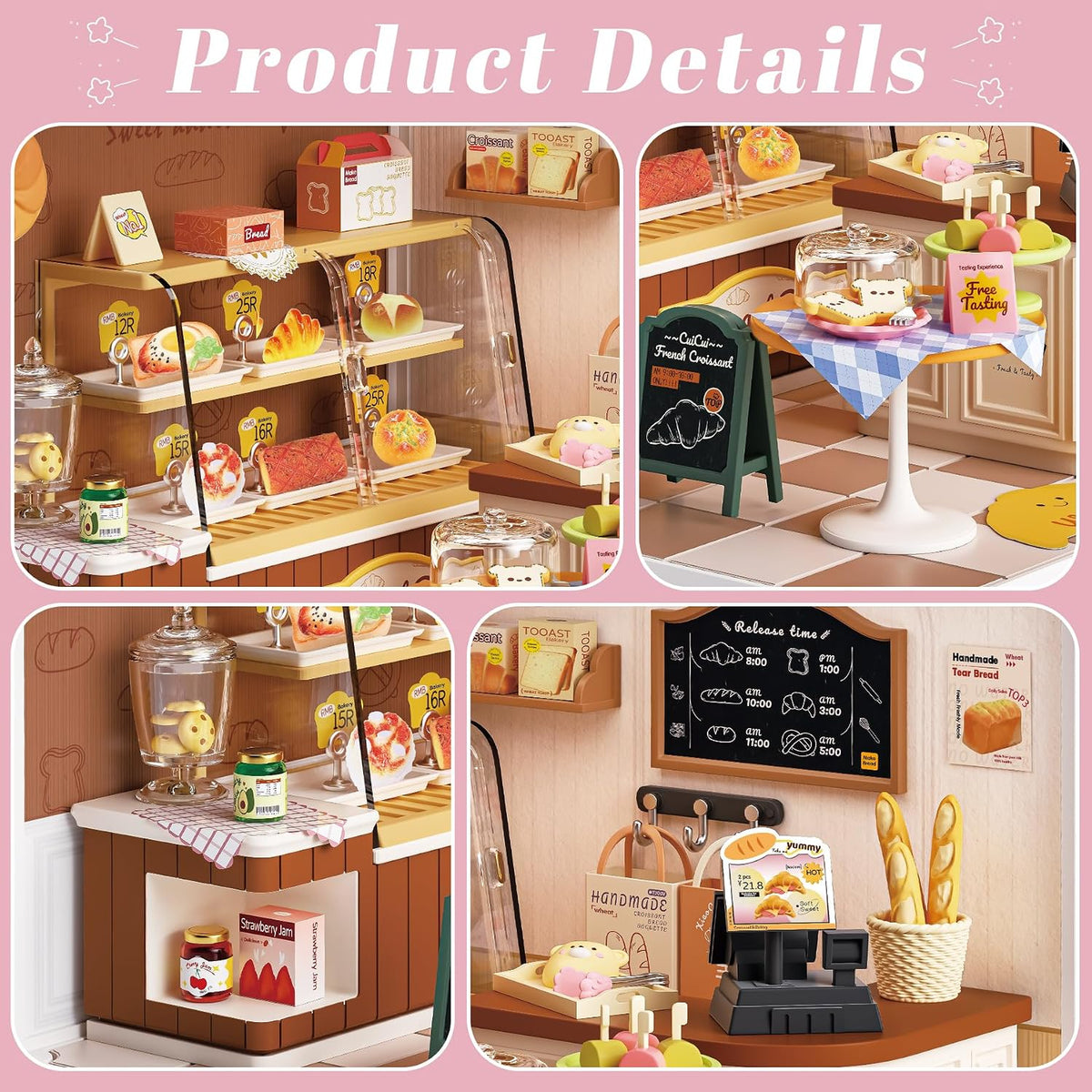 Bread Shop Miniature House Kit with LED Light, 87 Pcs DIY Mini Dollhouse with Roof & Dust Covers for Mini Figures Tiny House Toy for Adults