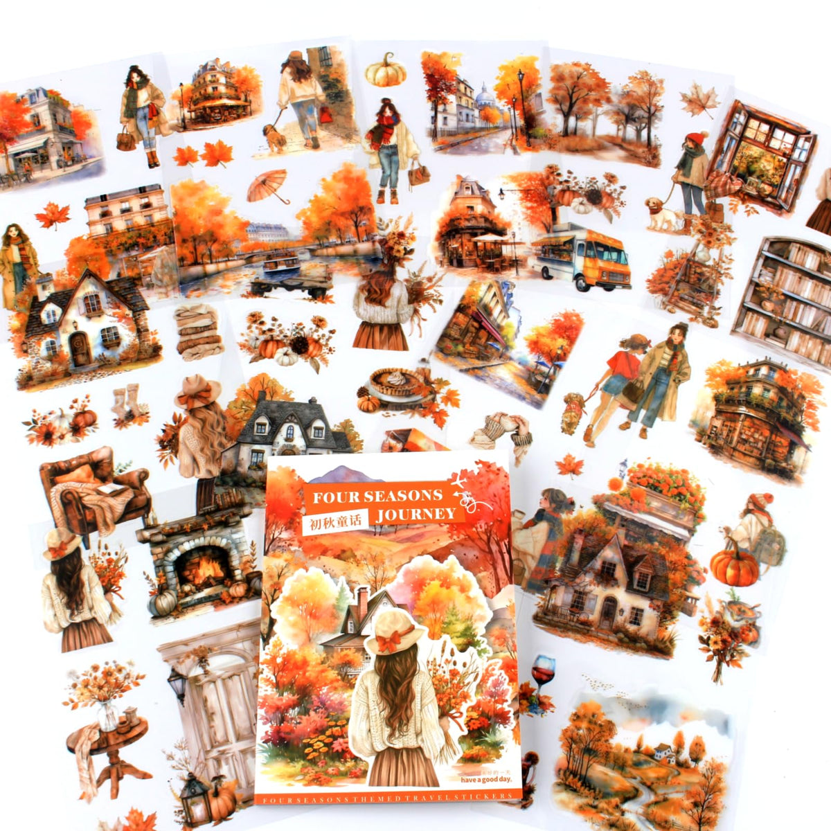 Fall Landscape Pre-Cut Autumn Journal Sticker Book, Transparent PET Watercolor Scrapbook Stickers for Junk Journaling Supplies, Scrapbooking, Collage, Bujo, 20 Sheets