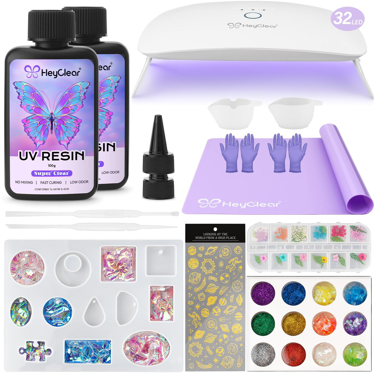 HeyClear UV Resin Kit with Light, Molds 200g Clear UV Epoxy Cure for Crafts