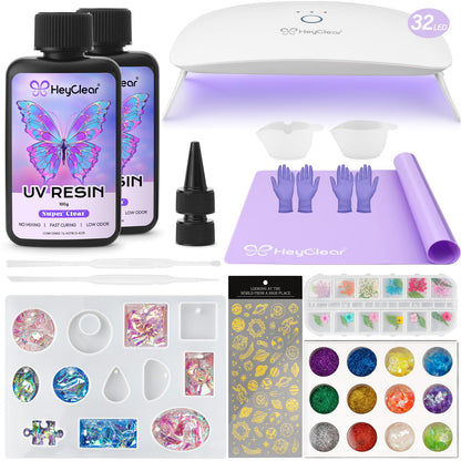 HeyClear UV Resin Kit with Light, Molds 200g Clear UV Epoxy Cure for Crafts