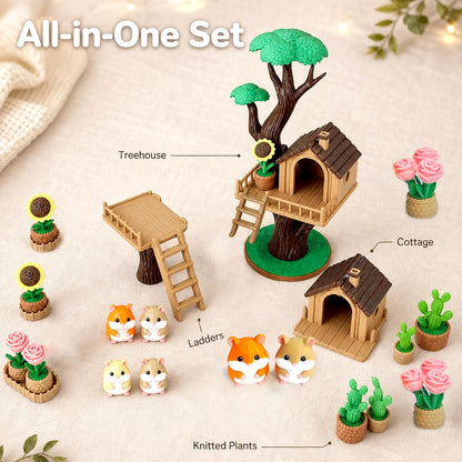 3D Printed Animal Cute Hamster House Scene Set with Cactus Rose Sunflower Tree, DIY Assembly Miniature Model for Desk Decoration, Home Accent, Gift Bag Filler, Tabletop Ornament