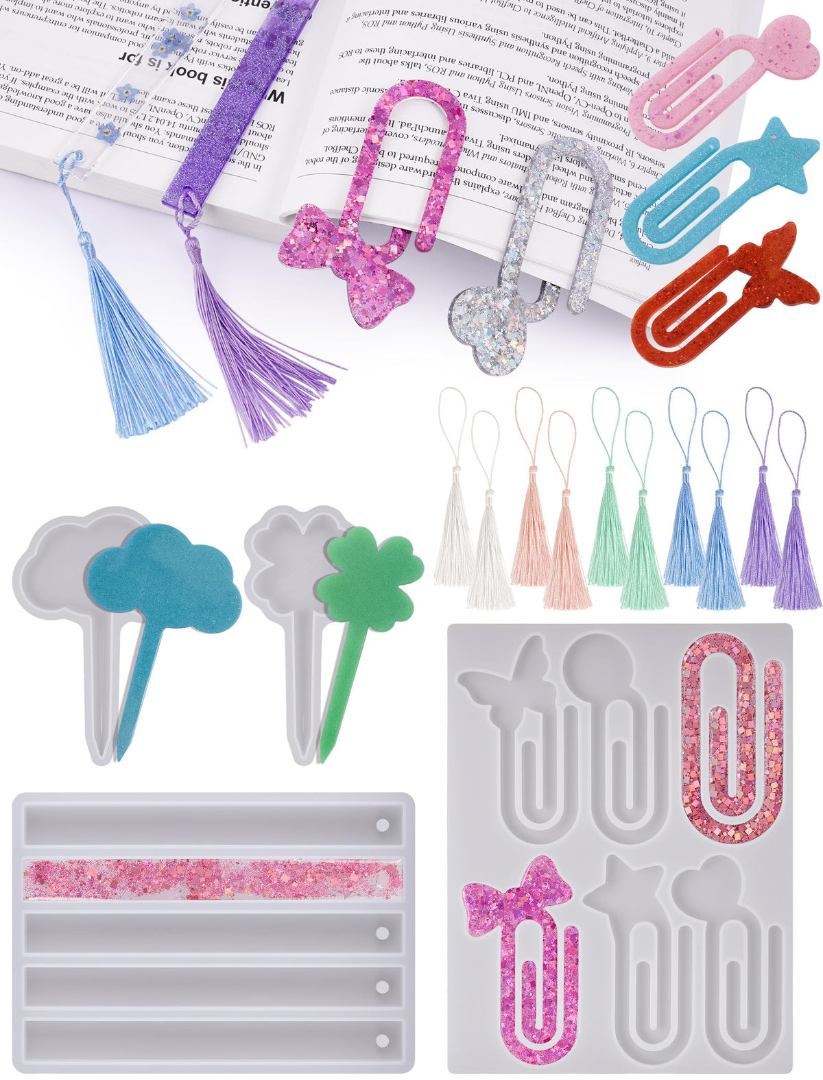 NiArt 14-Shape Resin Bookmark Mold, Epoxy UV Silicone Kit with 12 Tassels