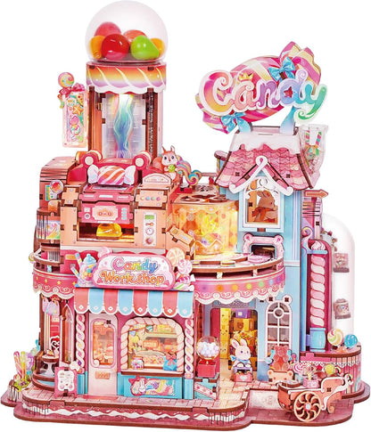Tonecheer 3D Wooden Puzzle for Adults- Candy Workshop, Mechanical Transmission Model Kit, Dynamic DIY Building Set with Music & Lights, Miniature House Kit Ideas