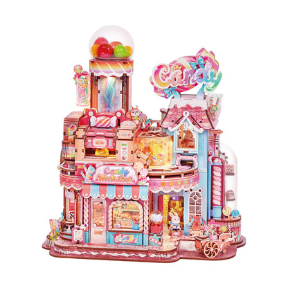 Tonecheer 3D Wooden Puzzle for Adults- Candy Workshop, Mechanical Transmission Model Kit, Dynamic DIY Building Set with Music & Lights, Miniature House Kit Ideas