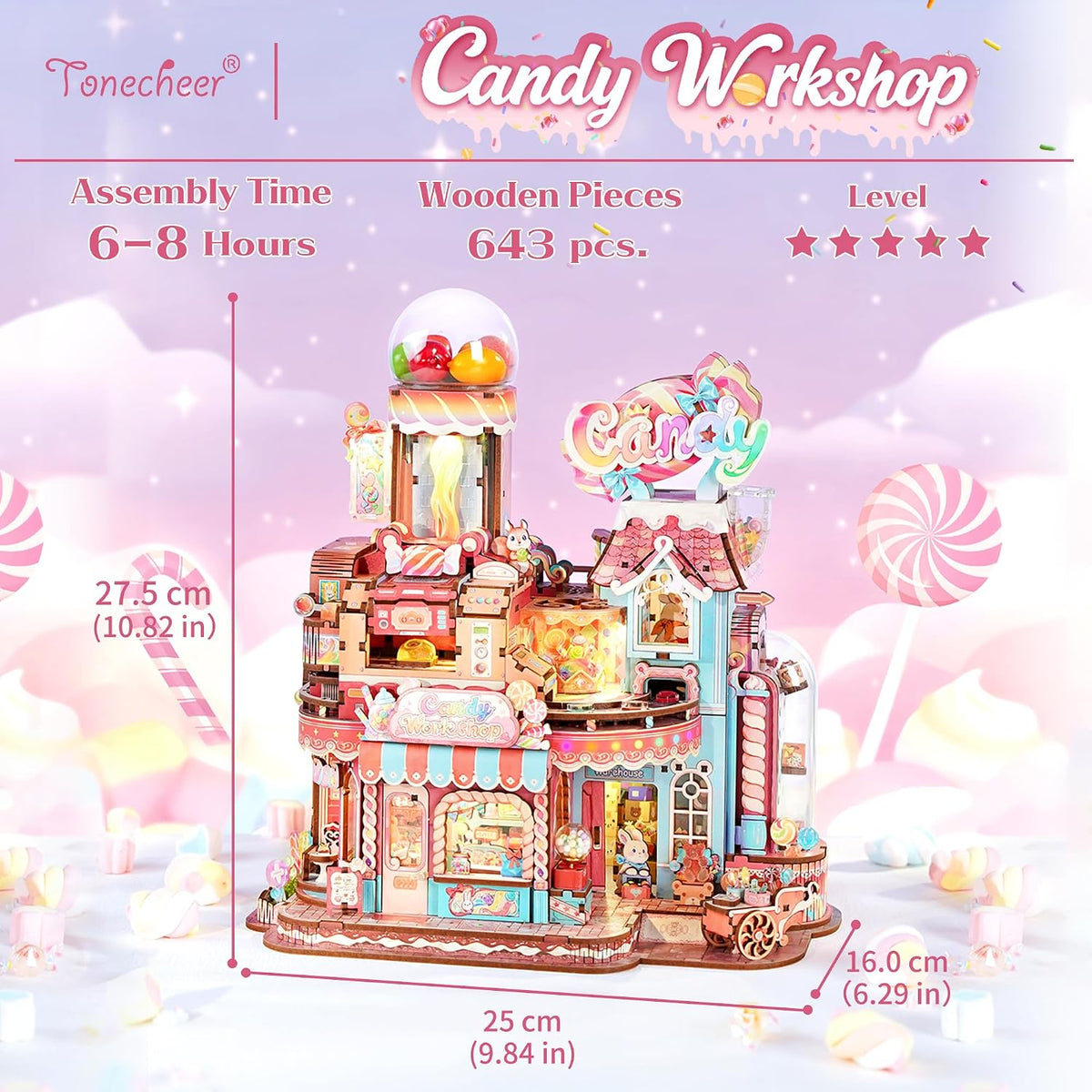 Tonecheer 3D Wooden Puzzle for Adults- Candy Workshop, Mechanical Transmission Model Kit, Dynamic DIY Building Set with Music & Lights, Miniature House Kit Ideas