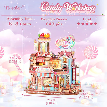 Tonecheer 3D Wooden Puzzle for Adults- Candy Workshop, Mechanical Transmission Model Kit, Dynamic DIY Building Set with Music & Lights, Miniature House Kit Ideas