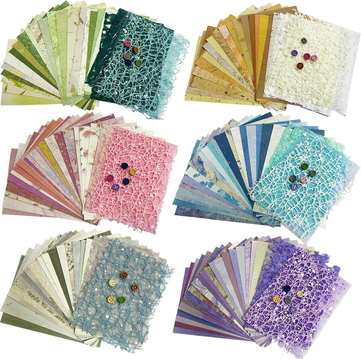 156 Sheets Textured Scrapbook Paper & Mesh Fabric Assorted Set +30 Buttons - 6 Pack Mixed Special Paper for DIY Scrapbooking Planner Bullet Junk Journal Supplies Collage Background 3.9x5.5 Inch