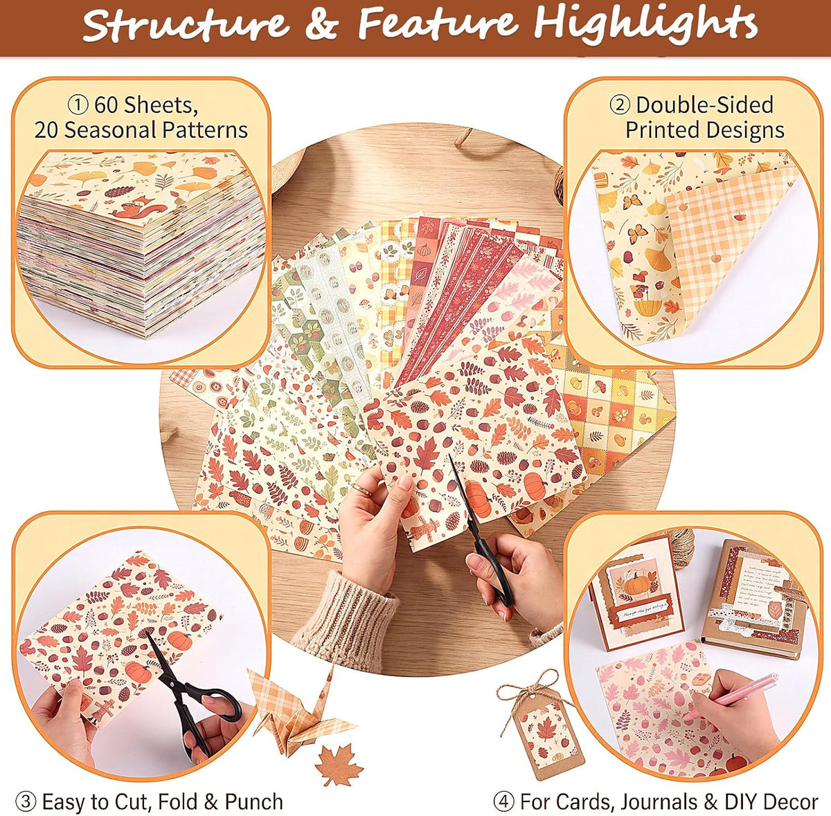 Autumn Scrapbook Paper, 60 Sheets 14 x 21 cm, Orange Brown