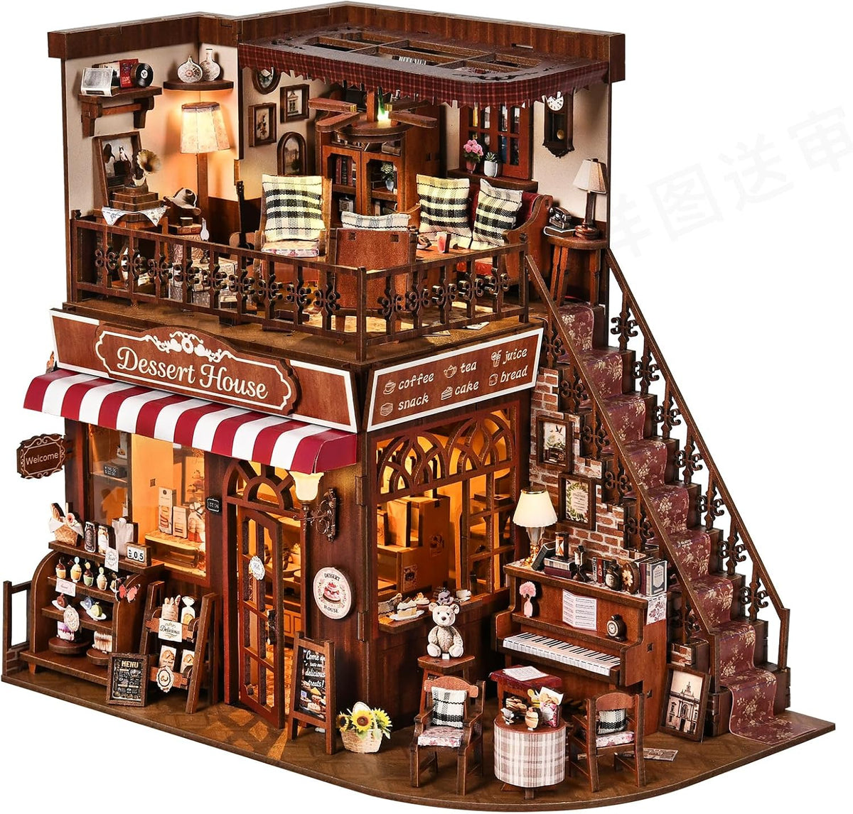 DIY Miniature House Kit, Dollhouse Fantastic Corner Shop for Adults to Build, Birthday/Christmas Day Gift for Family and Friends, Prefab Tiny Home with LED Lights,Corner Dessert House