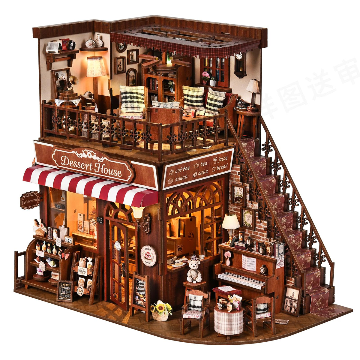 DIY Miniature House Kit, Dollhouse Fantastic Corner Shop for Adults to Build, Birthday/Christmas Day Gift for Family and Friends, Prefab Tiny Home with LED Lights,Corner Dessert House