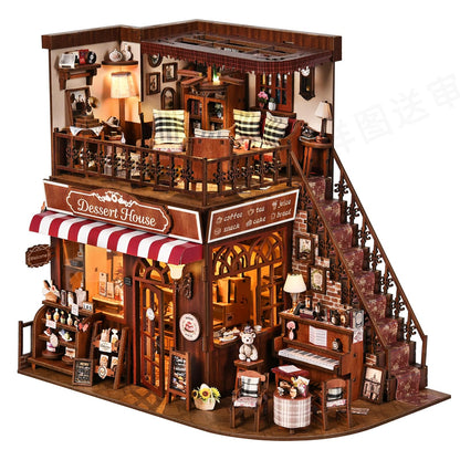 DIY Miniature House Kit, Dollhouse Fantastic Corner Shop for Adults to Build, Birthday/Christmas Day Gift for Family and Friends, Prefab Tiny Home with LED Lights,Corner Dessert House