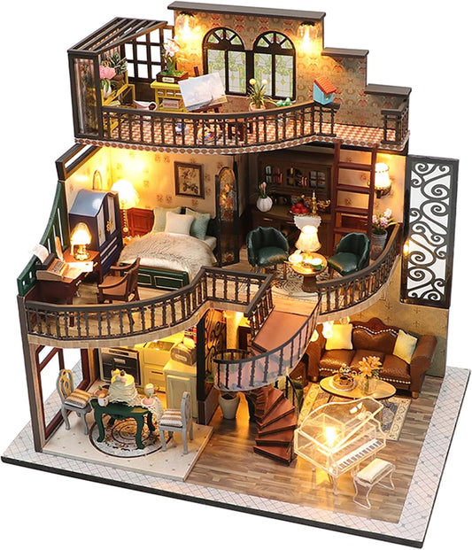 Lannso DIY Dollhouse Miniature Kit, Doll House Kit with Dust Proof Cover and Music Box, Mini Wooden Dollhouse Toys for Adult Gift(M2132)