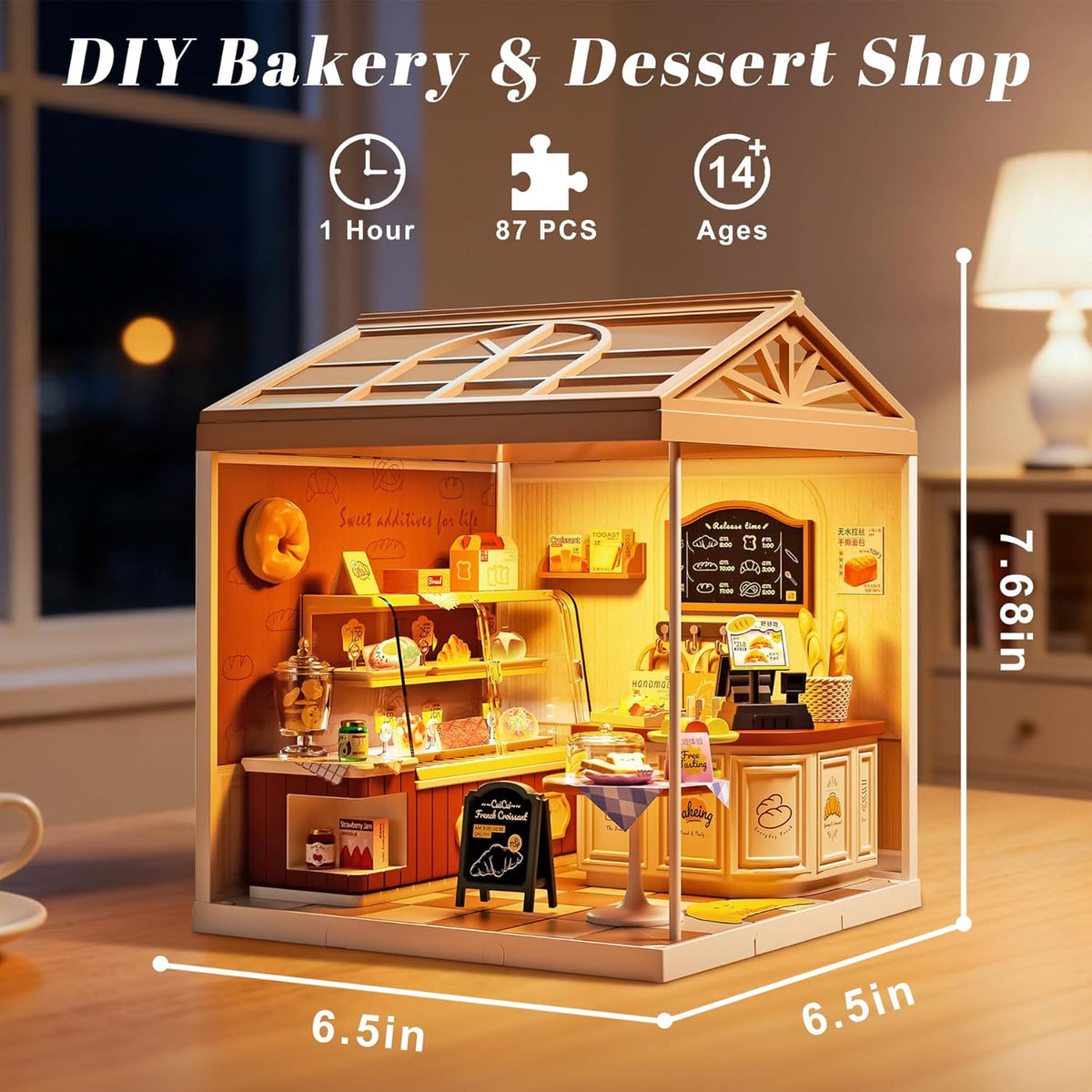 Bread Shop Miniature House Kit with LED Light, 87 Pcs DIY Mini Dollhouse with Roof & Dust Covers for Mini Figures Tiny House Toy for Adults