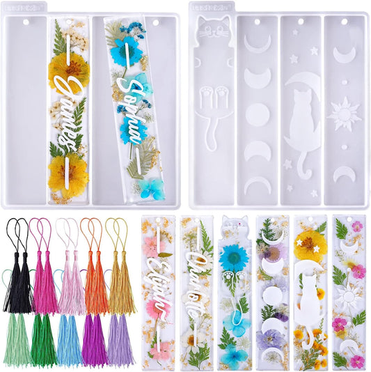 LET'S RESIN Bookmark Resin Molds Silicone 1.5'' Wide, Blank and Cat Moon Pattern Silicone Bookmarks Molds Kit with 20pcs Tassels, Rectangle Bookmark Molds for Epoxy Resin Casting Crafts