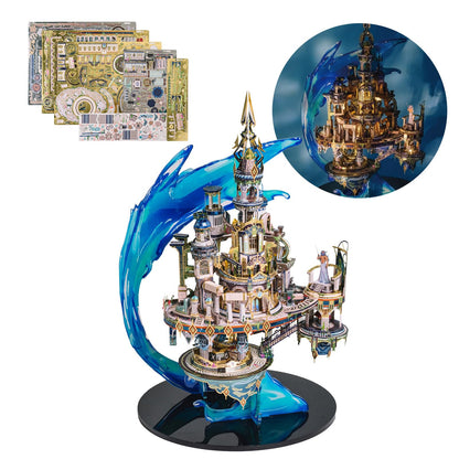 MU Moon Palace 3D Metal Puzzles for Adult to Build Assembling with Lighting Holder, Floating Building Craft Kit Mythical Island Model DIY Sets Metal Model Kits Building, Birthday Gift Home Desk Decor