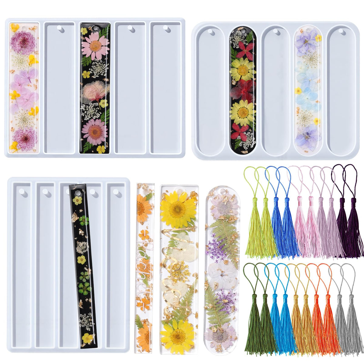 LET'S RESIN Bookmark Resin Molds Silicone 1.5'' Wide, Blank and Cat Moon Pattern Silicone Bookmarks Molds Kit with 20pcs Tassels, Rectangle Bookmark Molds for Epoxy Resin Casting Crafts