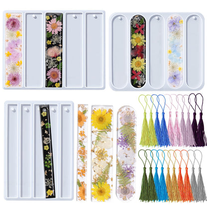 LET'S RESIN Bookmark Resin Molds Silicone 1.5'' Wide, Blank and Cat Moon Pattern Silicone Bookmarks Molds Kit with 20pcs Tassels, Rectangle Bookmark Molds for Epoxy Resin Casting Crafts
