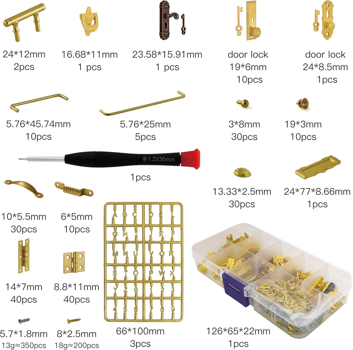 iland 1/12 Scale Dollhouse Accessories, 700+ PCS Miniature Hardware Kit: 20 Kinds Mini Knobs, Hinges, Handles & Locks w/Screws, Miniature Building Supplies for Dollhouse Door Window and Craft Project