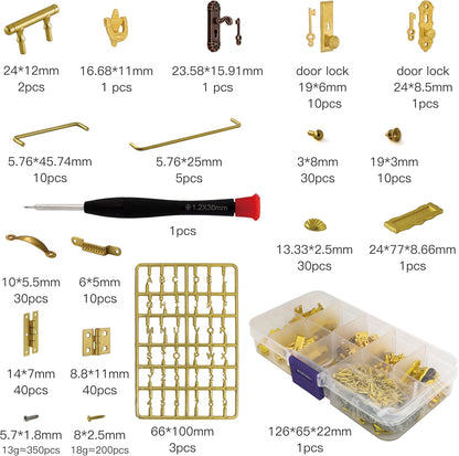 iland 1/12 Scale Dollhouse Accessories, 700+ PCS Miniature Hardware Kit: 20 Kinds Mini Knobs, Hinges, Handles & Locks w/Screws, Miniature Building Supplies for Dollhouse Door Window and Craft Project