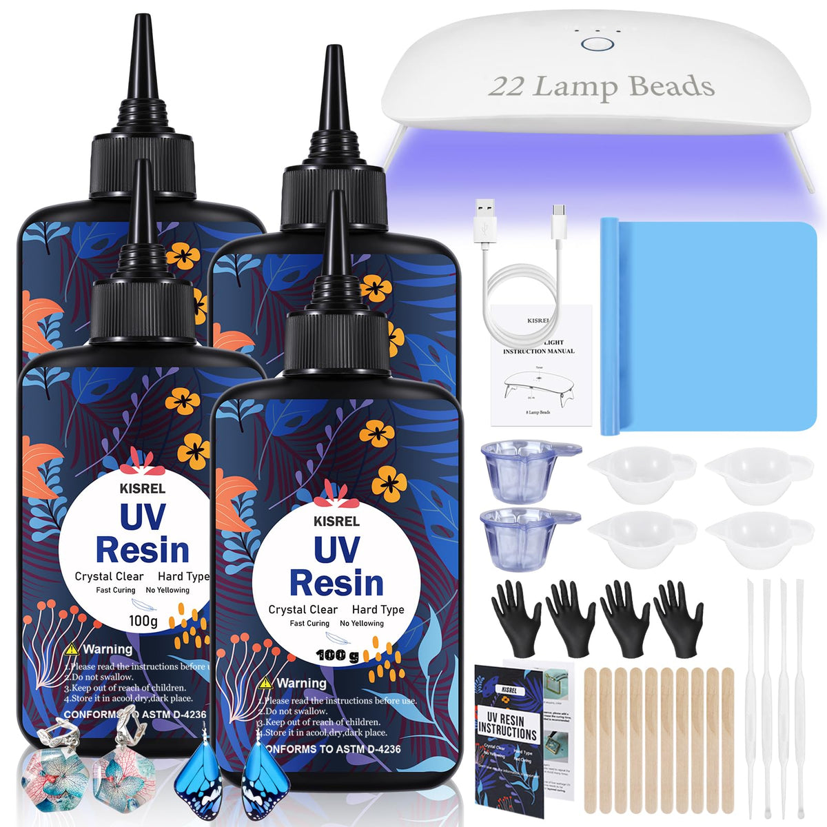 KISREL UV Resin Kit with Light, 200g Hard Type Clear UV Resin and UV Light