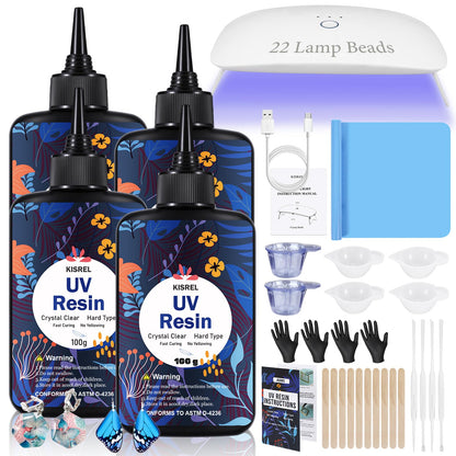 KISREL UV Resin Kit with Light, 200g Hard Type Clear UV Resin and UV Light