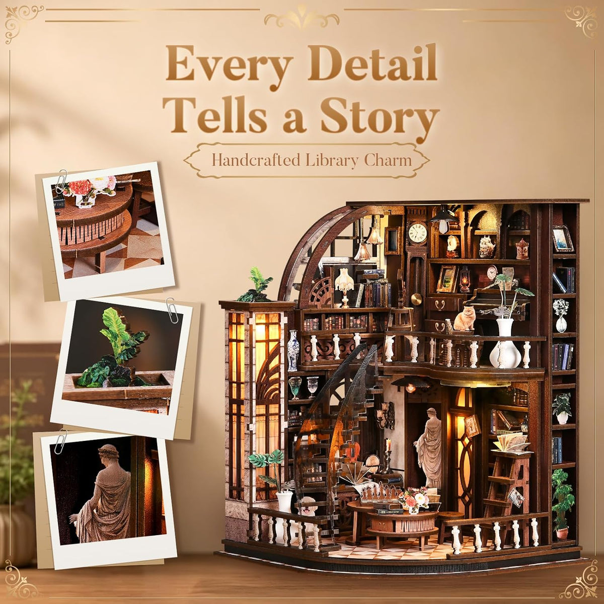 Bacchus Book Loft, DIY Book Nook Kit with LED Light Miniature House Insert