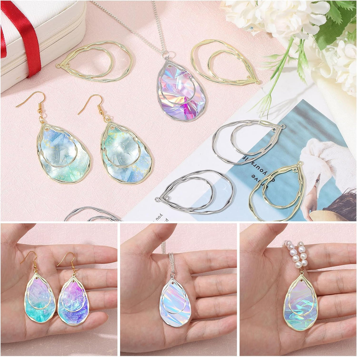 CHGCRAFT 20Pcs 2 Colors Teardrop Open Back Bezel Charms Pendants Zinc Alloy Pendants Bezel Blank Trays Geometric Hollow Frame Charms For DIY UV Resin Epoxy Resin Pressed Flower Jewelry Platinum Golden