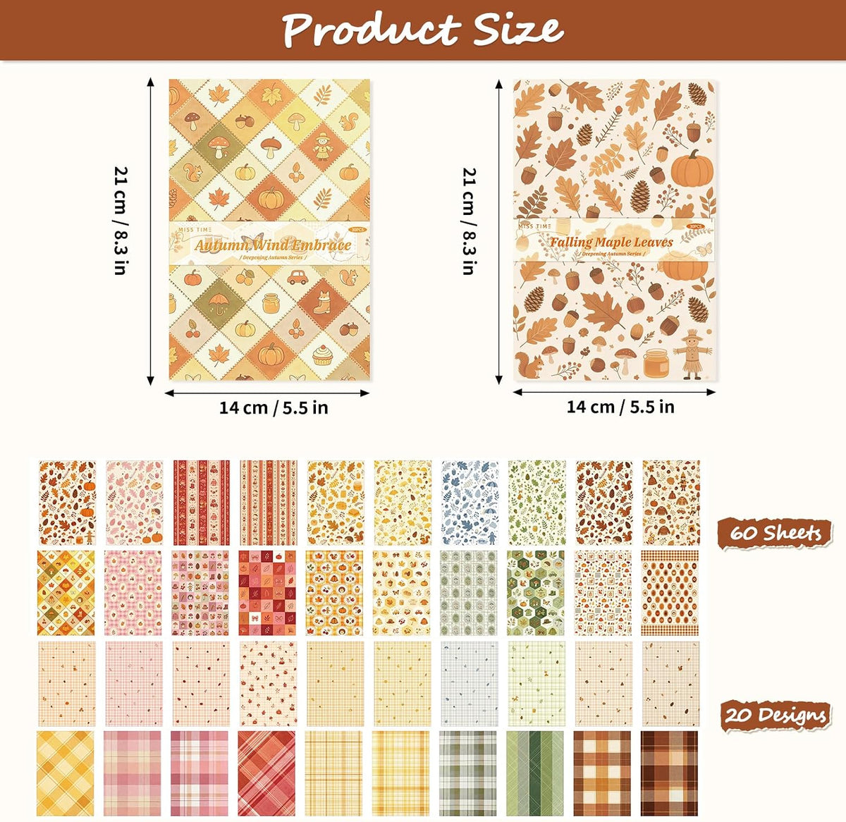 Autumn Scrapbook Paper, 60 Sheets 14 x 21 cm, Orange Brown