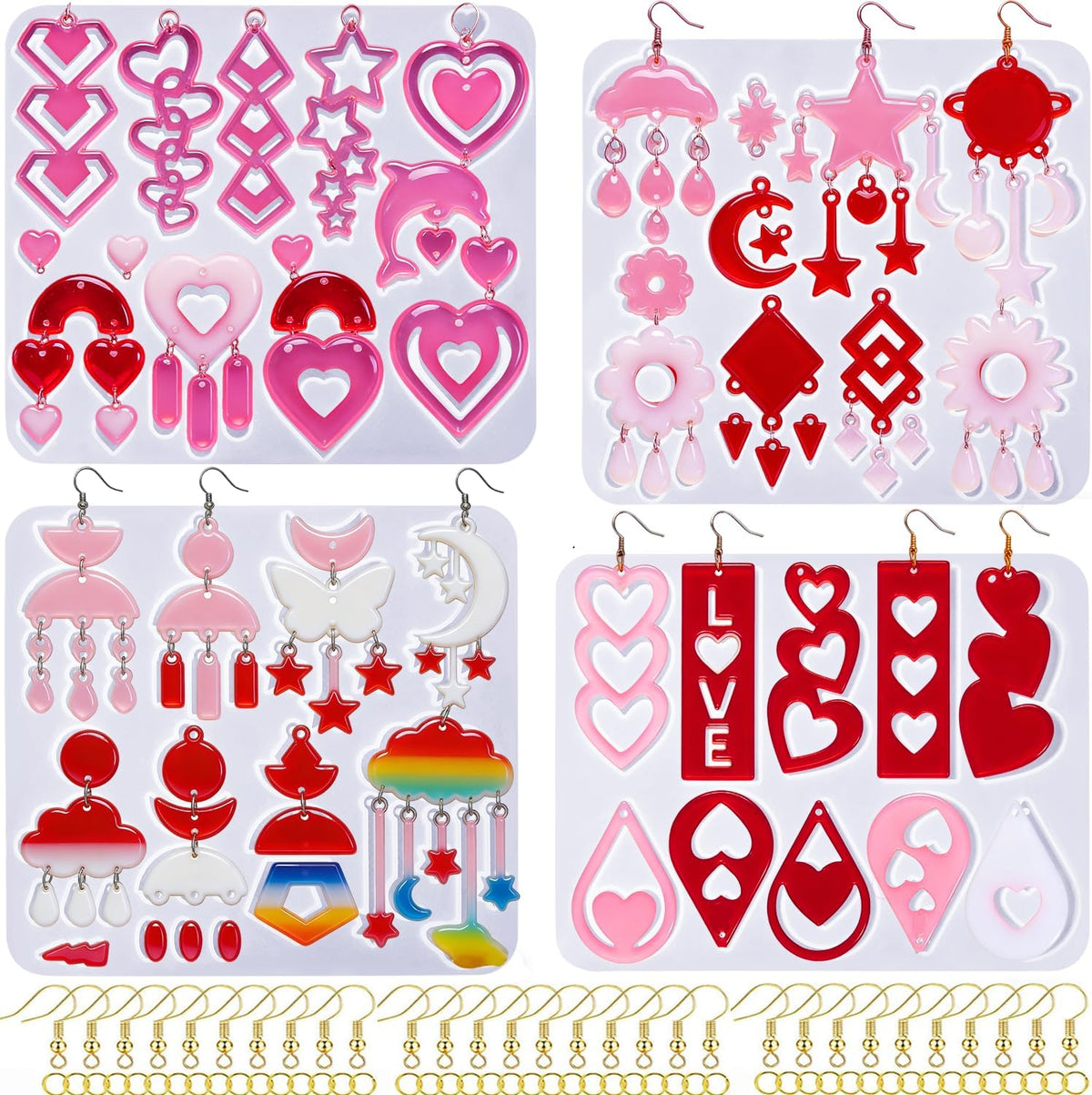 4 Pack Heart Resin Earring Mold Love Heart Star Shape Earring Silicone Molds for Mother's Day UV Casting Epoxy Silicone Molds Jewelry Earring Making Kit with 200 Earring Hook for DIY Crafts Keychains