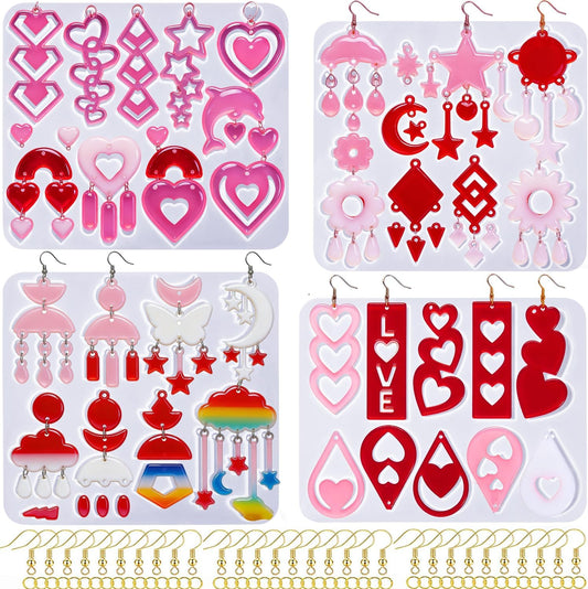 4 Pack Heart Resin Earring Mold Love Heart Star Shape Earring Silicone Molds for Mother's Day UV Casting Epoxy Silicone Molds Jewelry Earring Making Kit with 200 Earring Hook for DIY Crafts Keychains