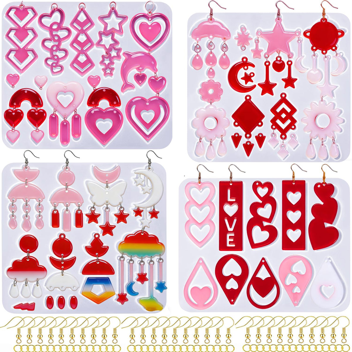 4 Pack Heart Resin Earring Mold Love Heart Star Shape Earring Silicone Molds for Mother's Day UV Casting Epoxy Silicone Molds Jewelry Earring Making Kit with 200 Earring Hook for DIY Crafts Keychains