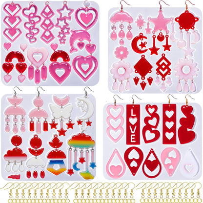 4 Pack Heart Resin Earring Mold Love Heart Star Shape Earring Silicone Molds for Mother's Day UV Casting Epoxy Silicone Molds Jewelry Earring Making Kit with 200 Earring Hook for DIY Crafts Keychains