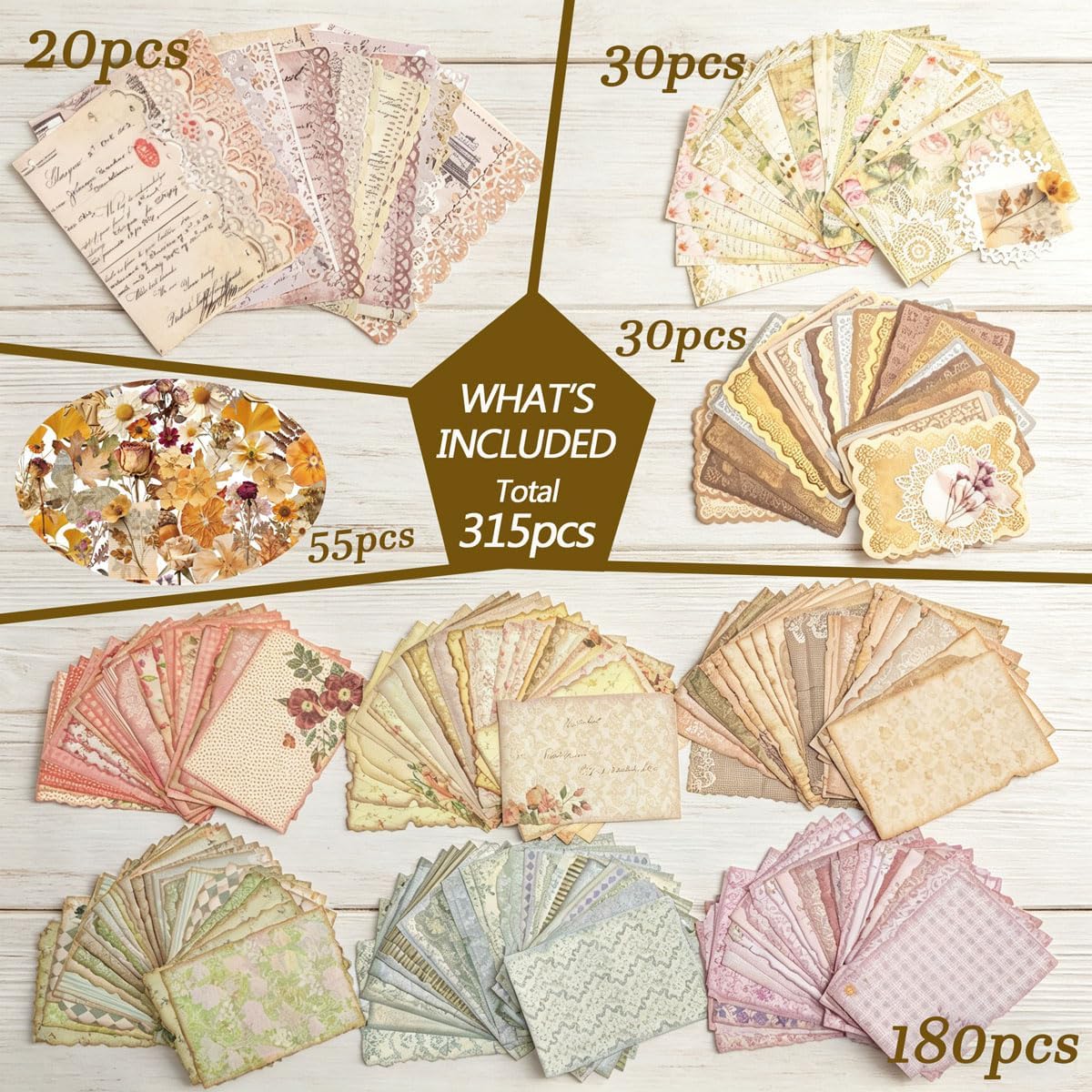 315 Sheets Vintage Scrapbook Supplies Paper Pack with Floral PET Stickers