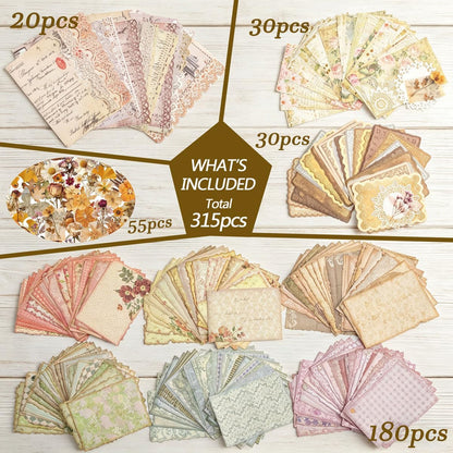 315 Sheets Vintage Scrapbook Supplies Paper Pack with Floral PET Stickers