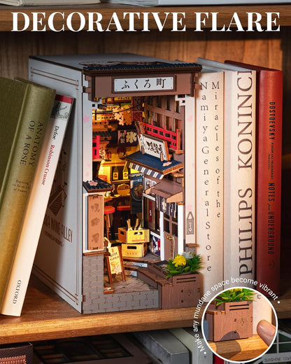 ROBOTIME Japanese Book Nook Kits, DIY Miniature House Kit for Adults 3D Wooden Puzzle, Bookends Bookshelf Diorama Creative Decorative Crafts Kits Unique Gifts for Teens & Beginners (Sakura Wine Alley)