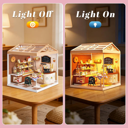 Bread Shop Miniature House Kit with LED Light, 87 Pcs DIY Mini Dollhouse with Roof & Dust Covers for Mini Figures Tiny House Toy for Adults
