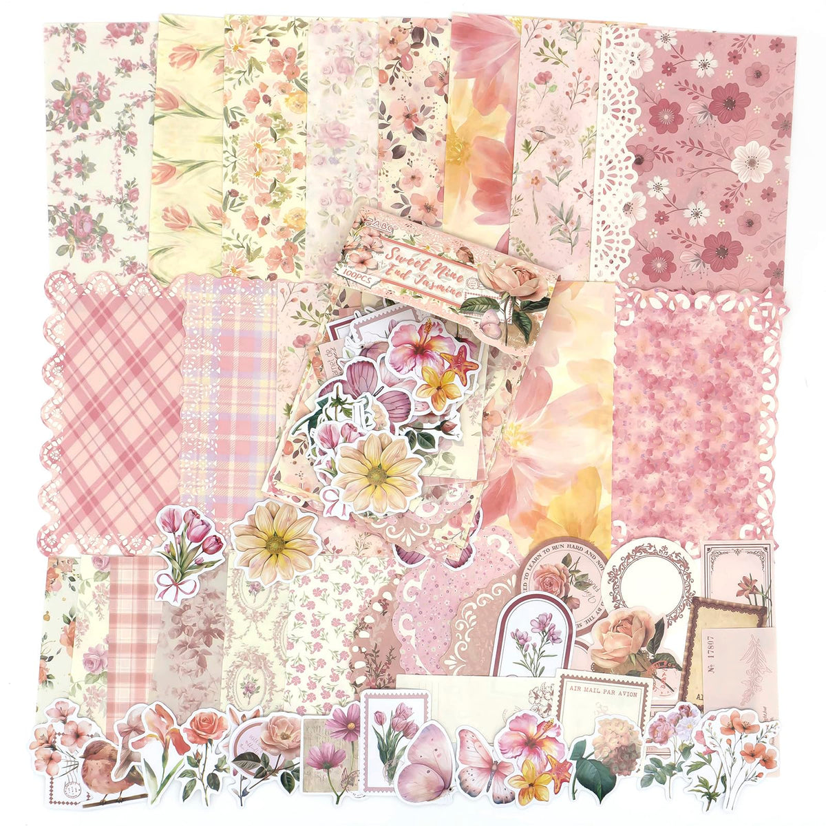 OKUPAN Scrapbook Supplies Kit – 100Pcs Vintage Floral Scrapbook Paper & Junk Journal Stickers, Journaling Supplies for Bullet Journaling, Retro Crafts, Mixed Media, Planner, Collage Card Album(Yellow)