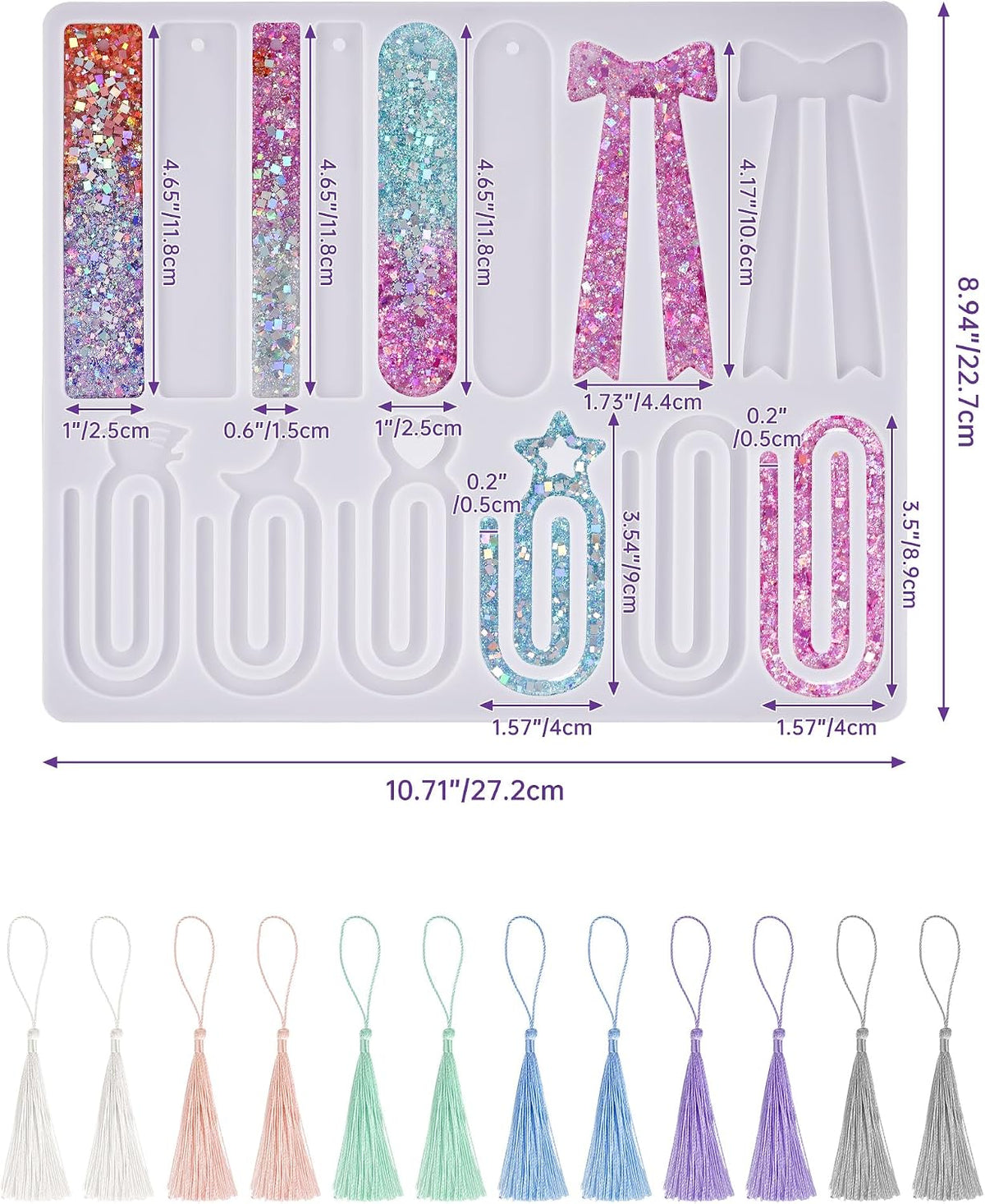 NiArt 14-Shape Resin Bookmark Mold, Epoxy UV Silicone Kit with 12 Tassels