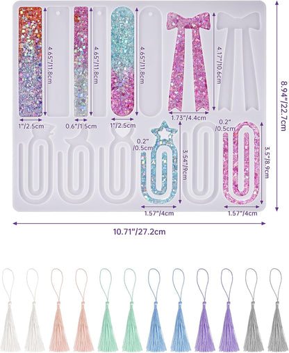 NiArt 14-Shape Resin Bookmark Mold, Epoxy UV Silicone Kit with 12 Tassels