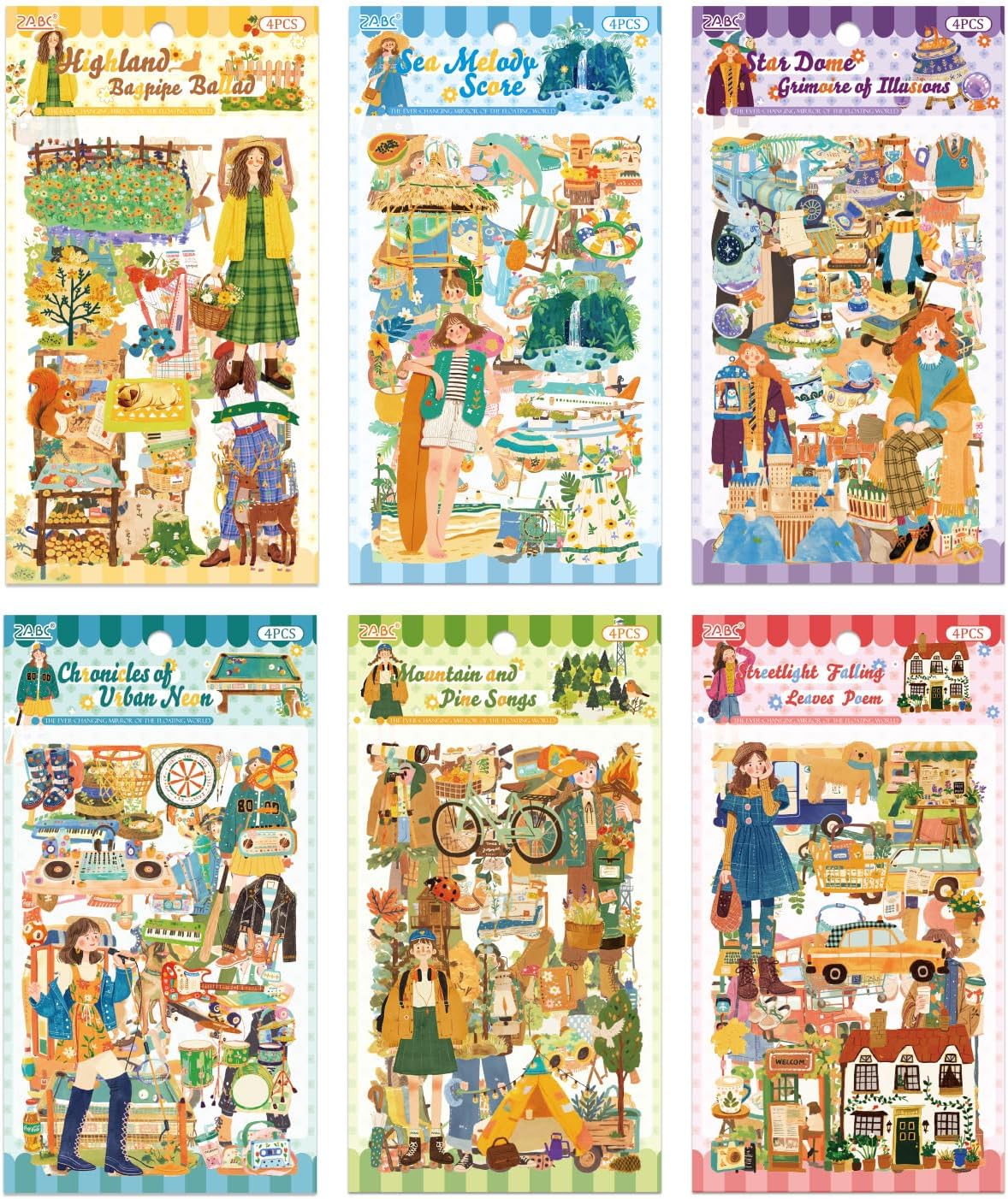 24 Sheets PET Die-Cut Stickers for Journaling, 6 Theme Packs